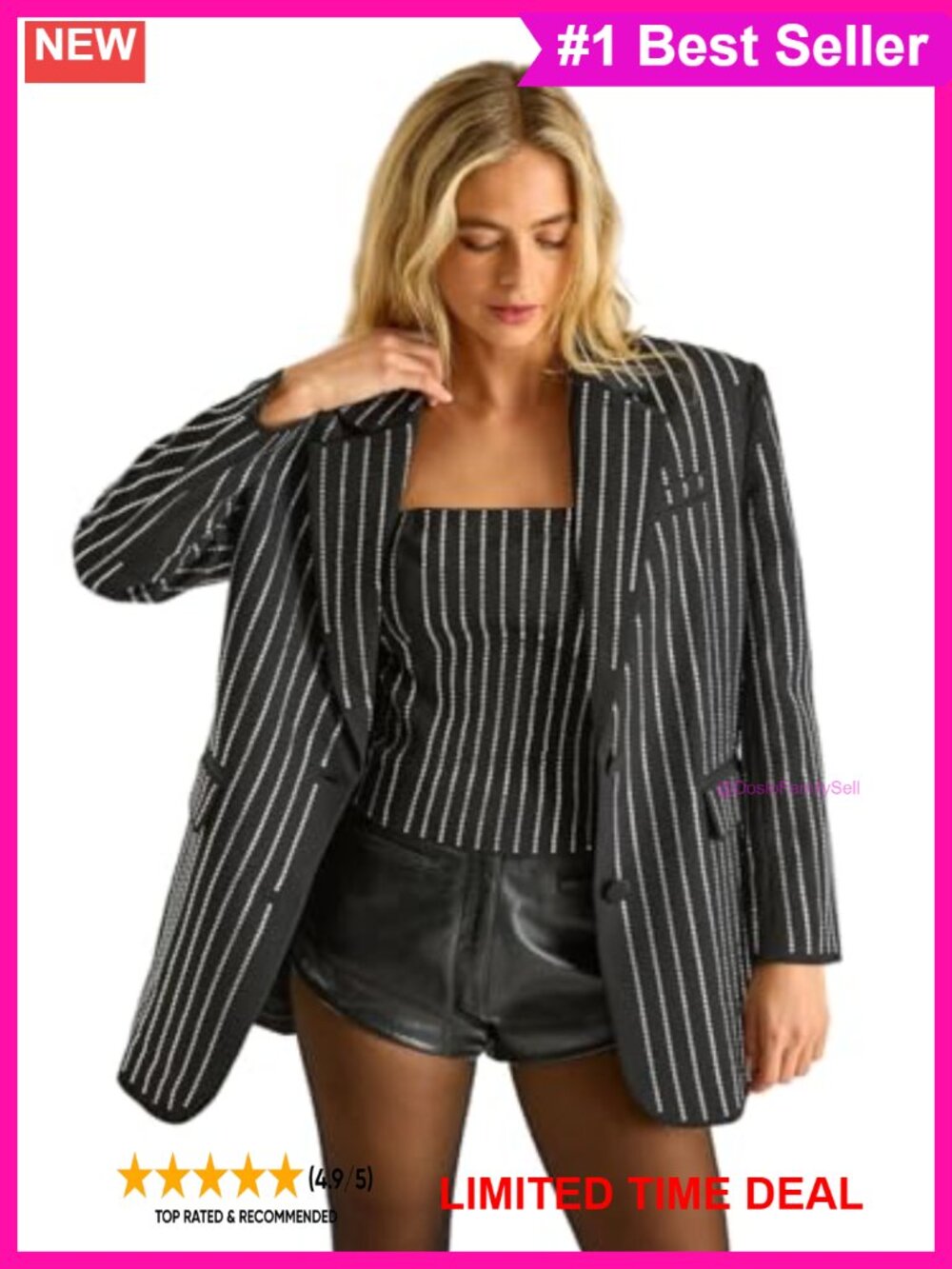 Oversized Diamante Pinstripe Blazer Structured Shoulders Single Button